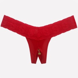 Calcinha Aberta em Tule e Renda - S� falta voc� - Vermelho