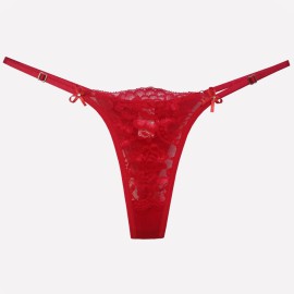 Calcinha Fio Dental em Renda e Tule com Lacinhos - Ternura - Vermelho 