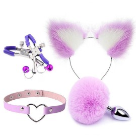 Kit Rabo da raposa com tiara e orelhas - roxo