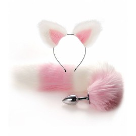 Kit Rabo da raposa com tiara e orelhas - rosa