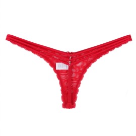 Calcinha Fio Dental em Renda com Biju 3 Argolas - Poupan�a - Vermelho